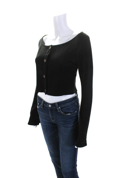 Camila Coelho Womens Ribbed Scoop Neck Button Up Cardigan Sweater Black Small