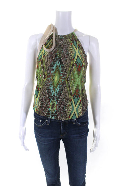 Rozae Nichols Womens Geometric Halter Sleeveless Top Blouse Green Brown Medium