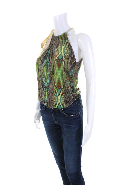 Rozae Nichols Womens Geometric Halter Sleeveless Top Blouse Green Brown Medium