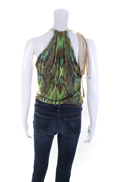 Rozae Nichols Womens Geometric Halter Sleeveless Top Blouse Green Brown Medium