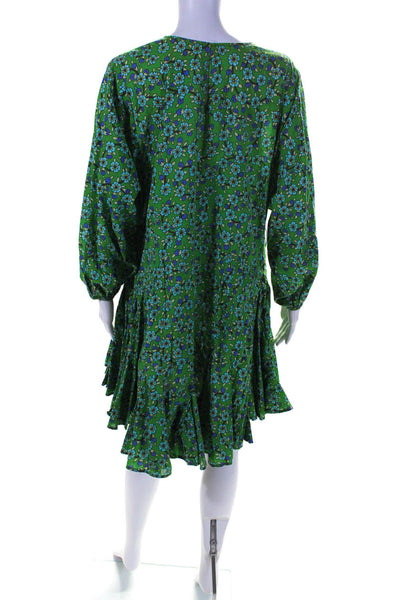 Rhode Womens Green Cotton Floral Crew Neck Long Sleeve A-Line Dress Size L
