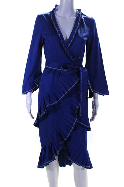 Alexis Womens Blue Cotton Ruffle V-Neck Long Sleeve Wrap Dress Size S