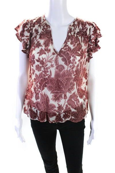 Ba&Sh Womens Floral Print Ribbed Ruffled Short Sleeve Pullover Blouse Red Size 1