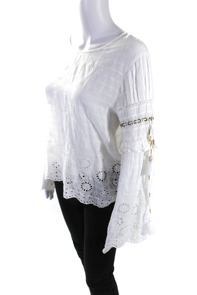 Misa Womens Cotton Floral Asymmetrical Hem Bell Sleeve Blouse White Size M