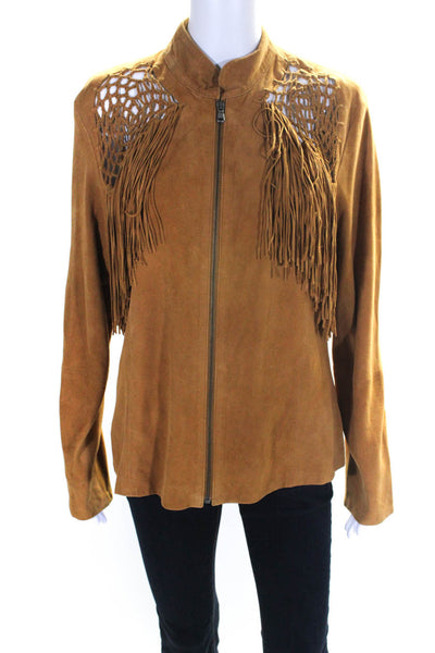 Comme Toujours Womens Suede Woven Fringe Accent Zippered Jacket Brown Size L