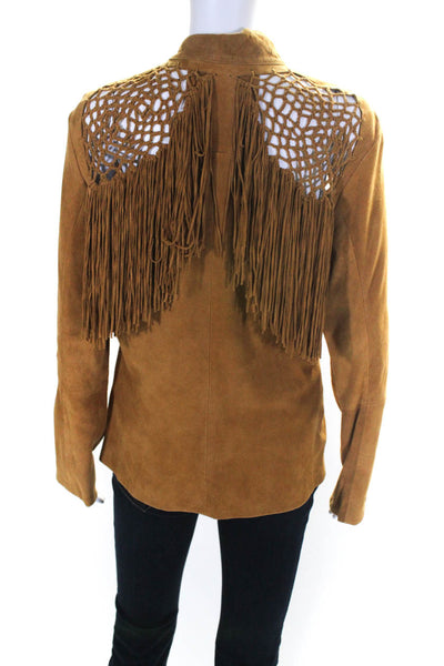 Comme Toujours Womens Suede Woven Fringe Accent Zippered Jacket Brown Size L