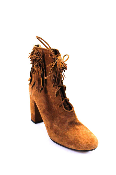 Aquazzura Womens Suede Tassel Trim High Heel Lace Up Ankle Boots Brown Size 7.5