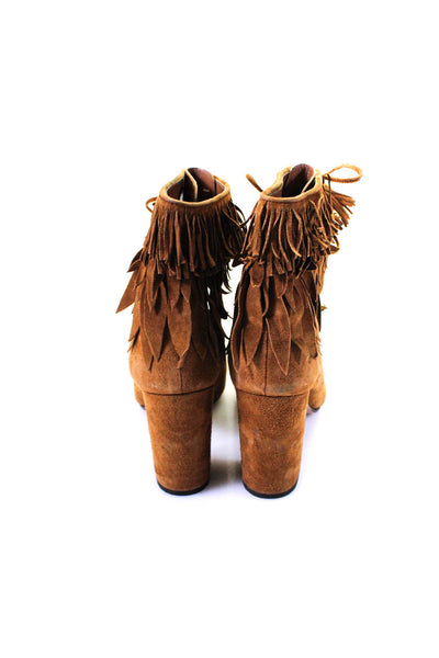 Aquazzura Womens Suede Tassel Trim High Heel Lace Up Ankle Boots Brown Size 7.5
