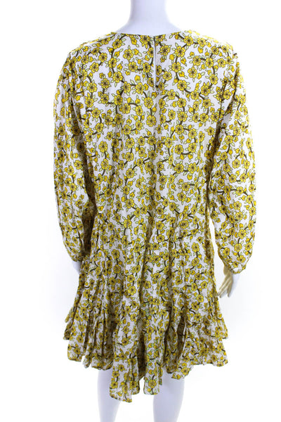 Rhode Womens Yellow Cotton Floral Crew Neck Long Sleeve A-Line Dress Size M