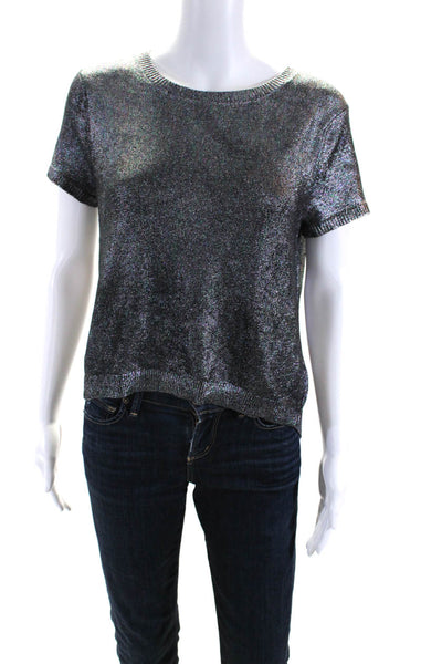 ZAC Zac Posen Womens Metallic Short Sleeved Knit Shirt Silver Tone Black Size M