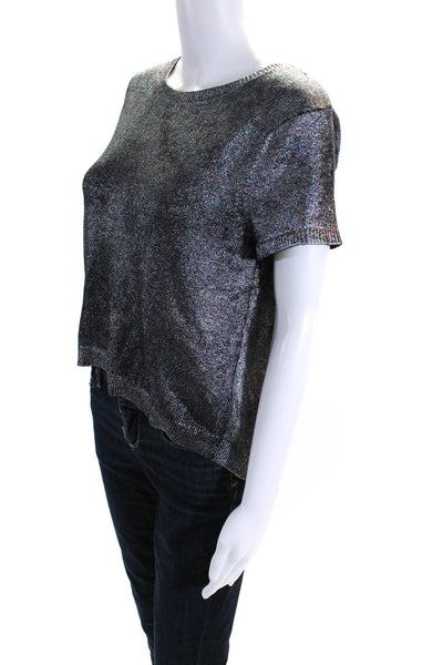 ZAC Zac Posen Womens Metallic Short Sleeved Knit Shirt Silver Tone Black Size M