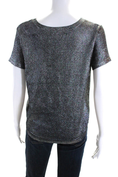 ZAC Zac Posen Womens Metallic Short Sleeved Knit Shirt Silver Tone Black Size M