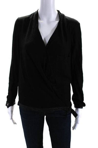 Helmut Lang Women's V-Neck Long Sleeves Leather Trim Belted Blouse Black Size S