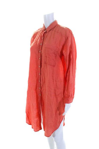 Anthropologie Womens Long Sleeve Side Split Midi Shirt Dress Orange Linen XS