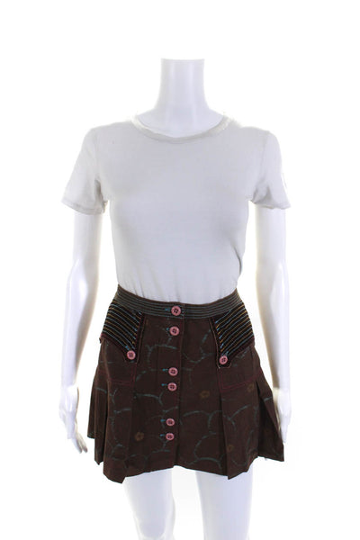 Custo Barcelona Womens Button Front Pleated Flare Mini Skirt Brown Size IT 40