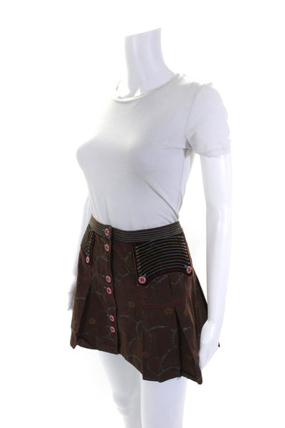 Custo Barcelona Womens Button Front Pleated Flare Mini Skirt Brown Size IT 40