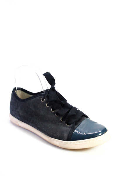 Lanvin Womens Lace Up Cap Toe Low Top Sneakers Navy Blue Suede Size 39