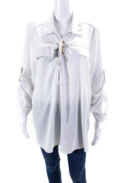 Calvin Klein Womens White Lace Up Collar Long Sleeve Blouse Top Size 0X