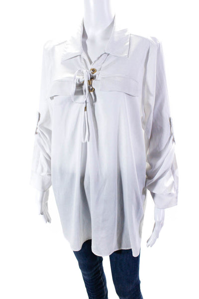 Calvin Klein Womens White Lace Up Collar Long Sleeve Blouse Top Size 0X