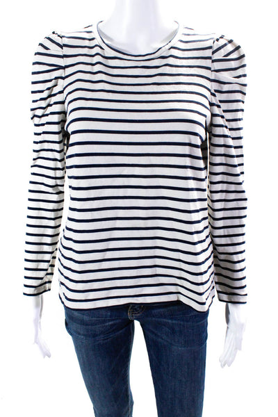 Boden Women's Round Neck Long Sleeves White Blue Stripe Blouse Size 10