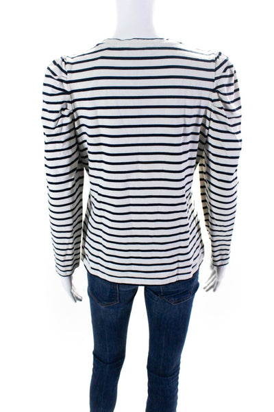 Boden Women's Round Neck Long Sleeves White Blue Stripe Blouse Size 10