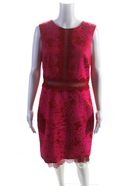 Badgley Mischka Womens Floral Embroidered Sleeveless Dress Red Pink Size 12