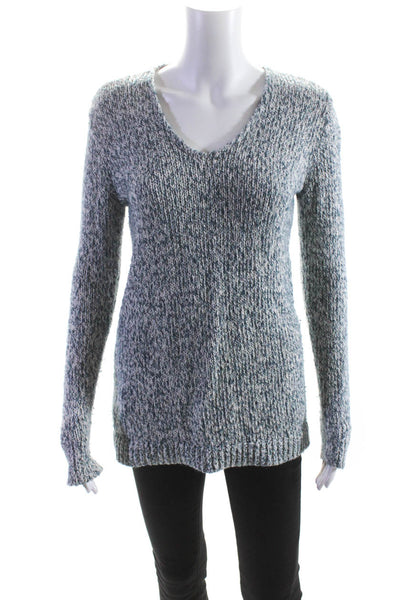 Loft Womens Woven Long Sleeves V Neck Sweater Blue White Cotton Size Small