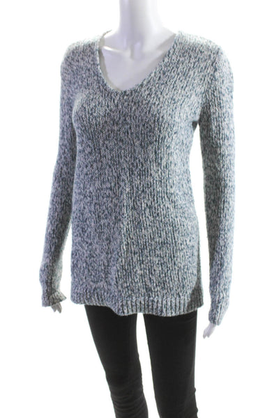 Loft Womens Woven Long Sleeves V Neck Sweater Blue White Cotton Size Small