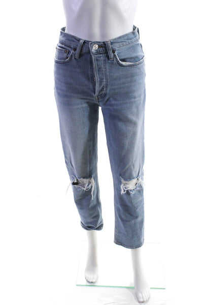 Re/Done Womens Denim High Rise Distressed Light Wash Straight Jeans Blue Size27