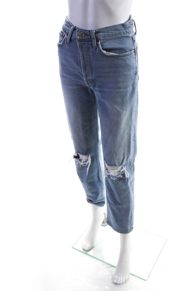 Re/Done Womens Denim High Rise Distressed Light Wash Straight Jeans Blue Size27