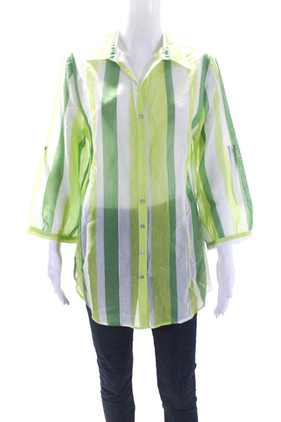 J'envie Womens Two Tone Green Striped Cotton Button Down Blouse Top Size 10