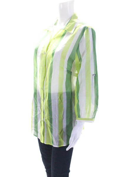 J'envie Womens Two Tone Green Striped Cotton Button Down Blouse Top Size 10