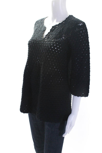 525 America Womens Black Cotton Open Knit 3/4 Sleeve Sweater Top Size L