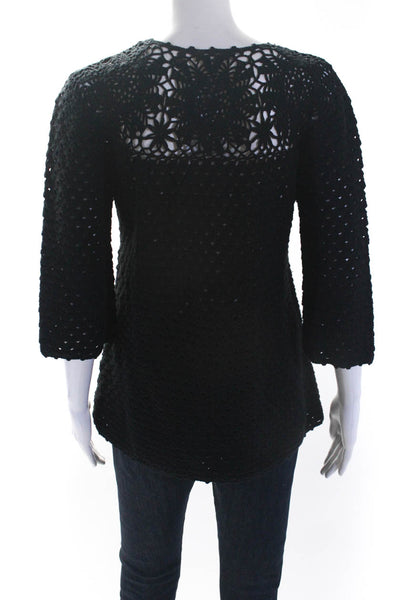 525 America Womens Black Cotton Open Knit 3/4 Sleeve Sweater Top Size L