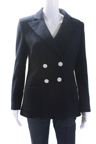 Chanel Womens 2019 Wool Tweed Metallic Double Breasted Blazer Jacket Navy Size 4