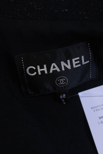 Chanel Womens 2019 Wool Tweed Metallic Double Breasted Blazer Jacket Navy Size 4