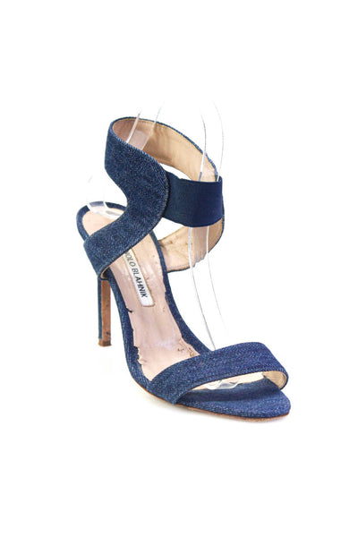 Manolo Blahnik Women's Peep Toe Ankle Strap Denim Heels Blue Size 7.5
