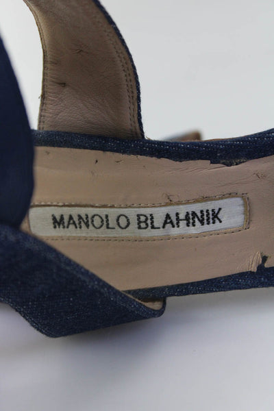 Manolo Blahnik Women's Peep Toe Ankle Strap Denim Heels Blue Size 7.5