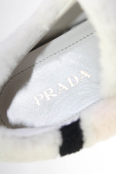Prada Womens Lace Up Shearling Trim Low Top Sneakers White Leather Size 39