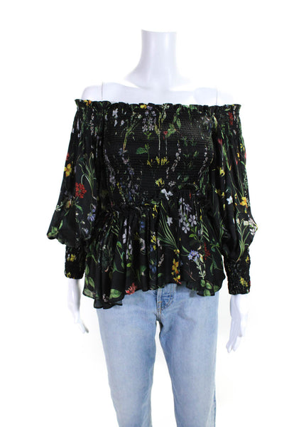 Alexis Womens Black Floral Smocked Off Shoulder Long Sleeve Blouse Top Size S