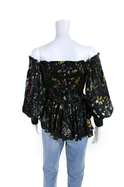 Alexis Womens Black Floral Smocked Off Shoulder Long Sleeve Blouse Top Size S