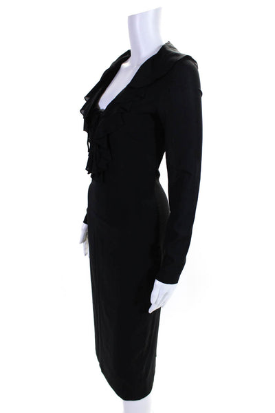 Designer Womens Long Sleeve Ruffled V Neck Silk Sheath Dress Black Size FR 42
