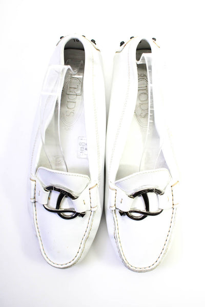 Tods Womens Leather Slip On Silver Tone Accent Loafers Flats White Size 10
