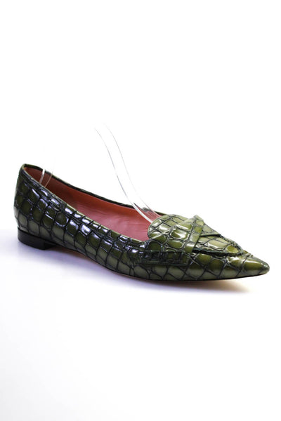 Rochas Womens Textured Leather Pointed Toe Slip On Loafers Flats Green Size 10