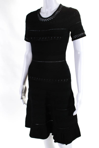 Sandro Womens Ribbed Knit Pointelle Midi Fit & Flare Dress Black Size FR 36