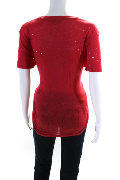 IRO Women's Crewneck Short Sleeves Distress Basic T-Shirt Red Size M
