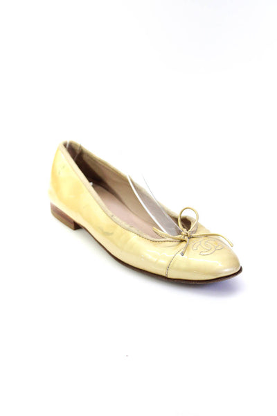 Chanel Womens Patent Leather Bow Tie CC Round Toe Low Flats Yellow Size 7.5