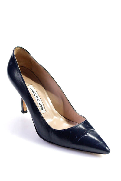 Manolo Blahnik Womens Pointed Toe Slip On Pumps Navy Leather Size 37 7