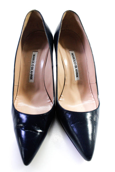Manolo Blahnik Womens Pointed Toe Slip On Pumps Navy Leather Size 37 7