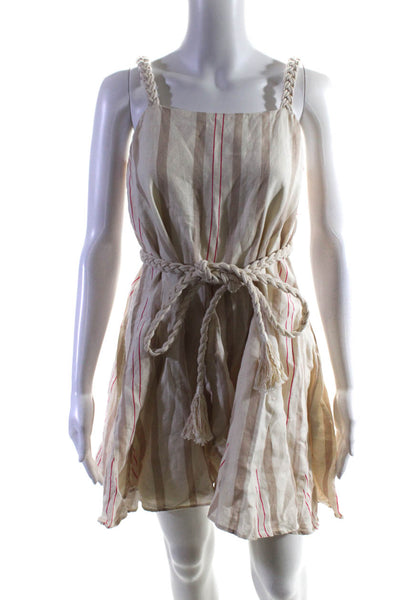 Alexis Women's Spaghetti Strap Rope Belt Flare Beige Stripe Mini Dress Size S